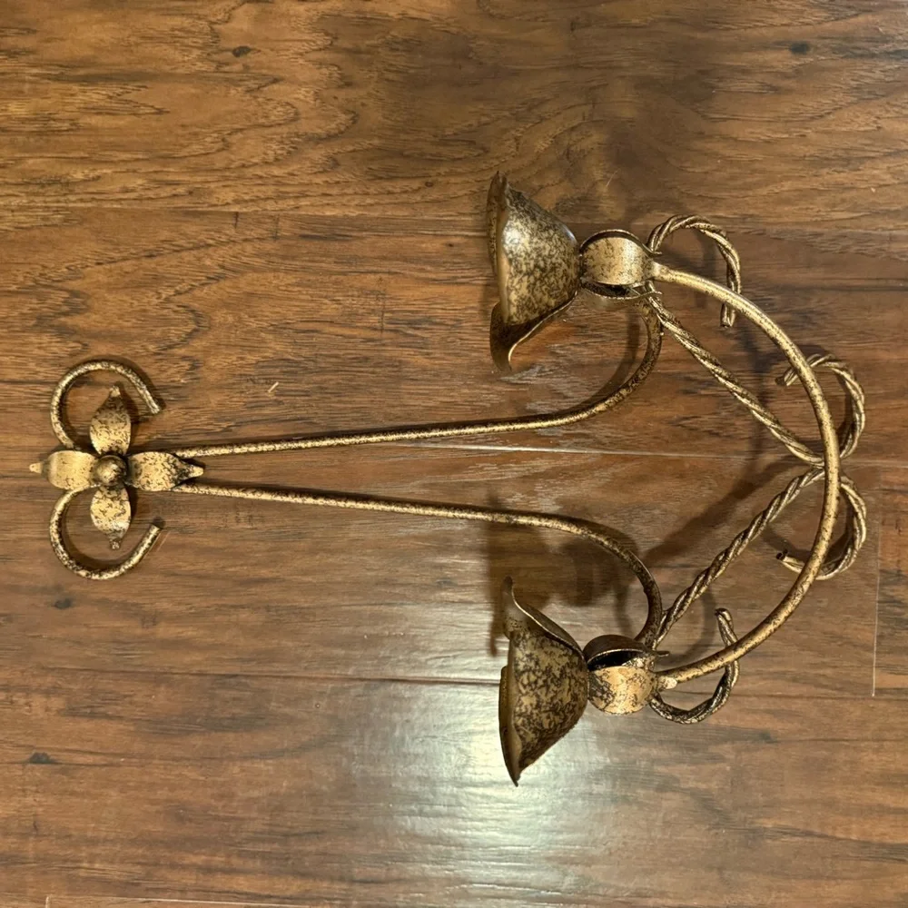 Vintage Double Wall Sconce Metal Candle Holder Italian Tole Rose Flower